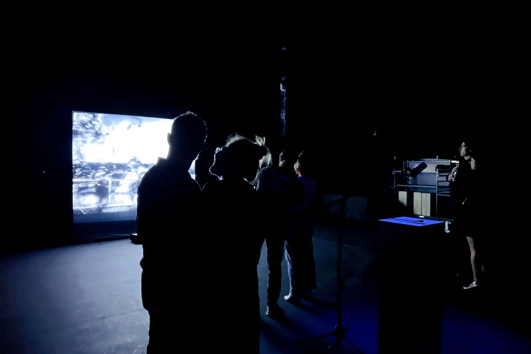 Visitors view a large projected image in a dark room